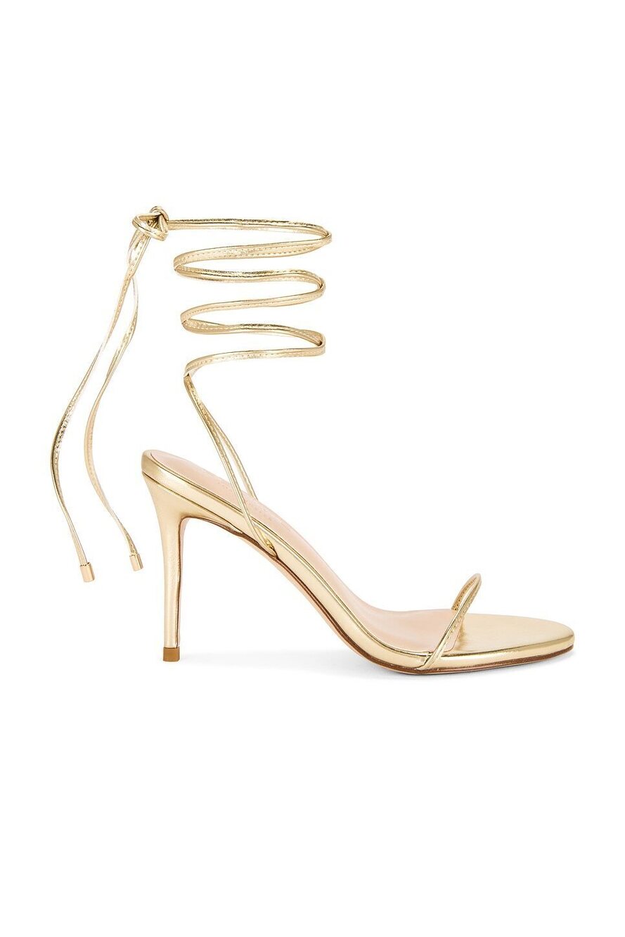 FEMME LA x REVOLVE 3.0 Barely There Lace Up Heel in Gold faux leather mid heel
